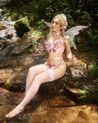 Pink embroidered lace lingerie set with butterfly bra and thong, leg garters