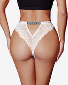 White lace thong panty with V-shaped front and scalloped leg openings, elastic waistband