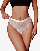 White lace thong panty with scalloped edge and V-front cutout, elastic waistband
