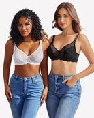 Full coverage lace mesh bra, white and black lace cups with adjustable straps