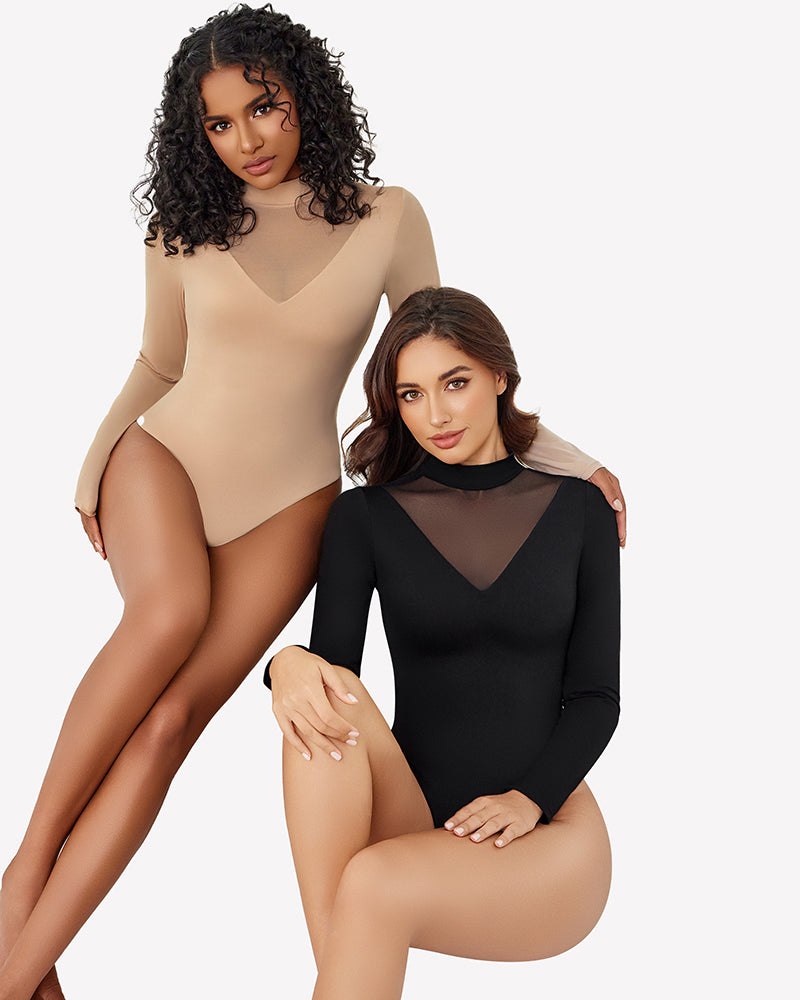 Two long-sleeve mock turtleneck leotards in nude and black with v-neck mesh panel
