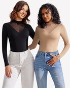 Black and nude long sleeve mock turtleneck leotards with sheer V-neck panels