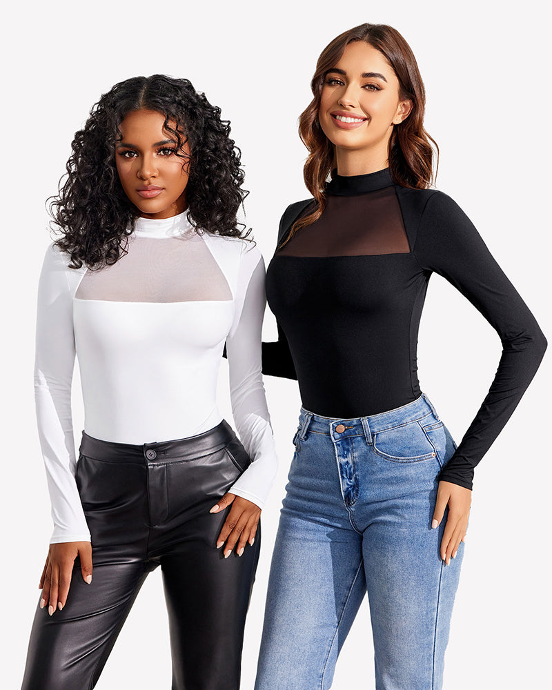 Two long-sleeve bodysuits: white and black, with sheer neckline panels