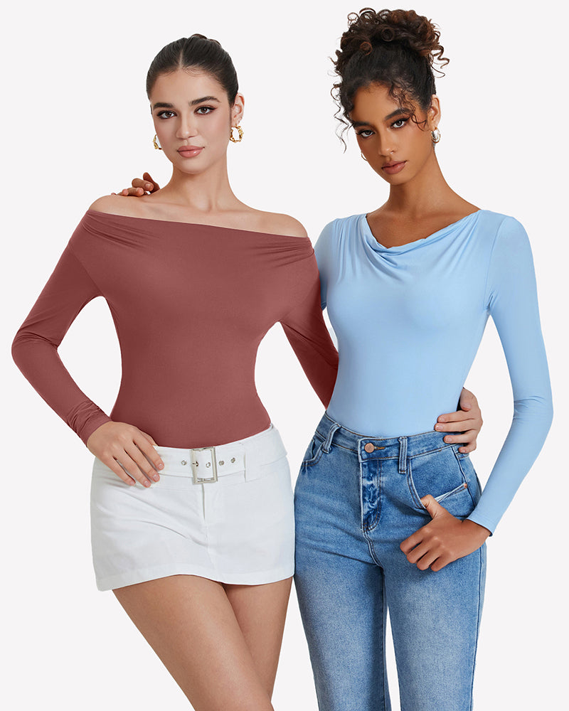 Maroon and light blue off-shoulder long sleeve bodysuits with high-cut leg openings