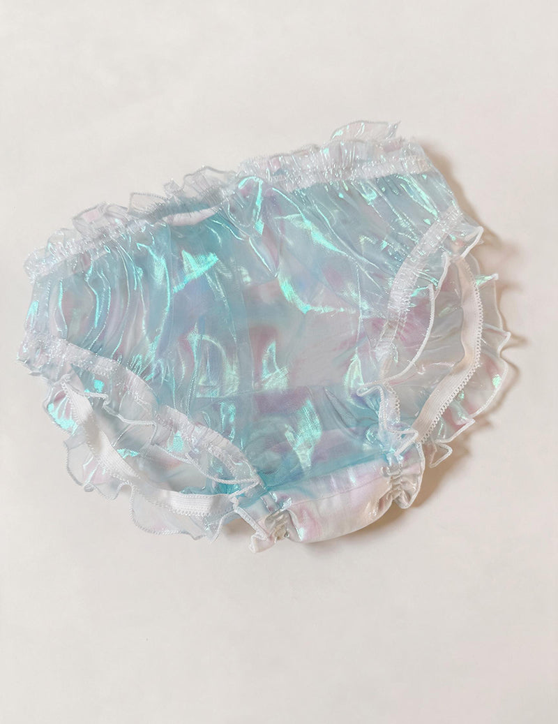 Sheer ruffle brief with iridescent holographic finish and elastic waist