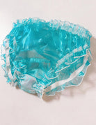 Bright blue sheer ruffle brief with translucent holographic fabric and elastic waist