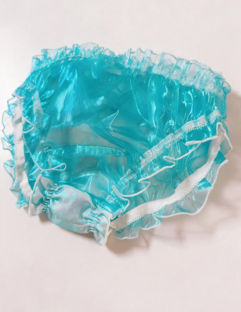 Bright blue sheer ruffle brief with translucent holographic fabric and elastic waist