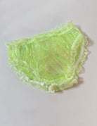 Fluorescent green sheer ruffle brief with holographic sheen and elastic waist