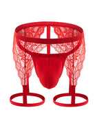 Men Lace G-String Thong with Leg Harness - Red