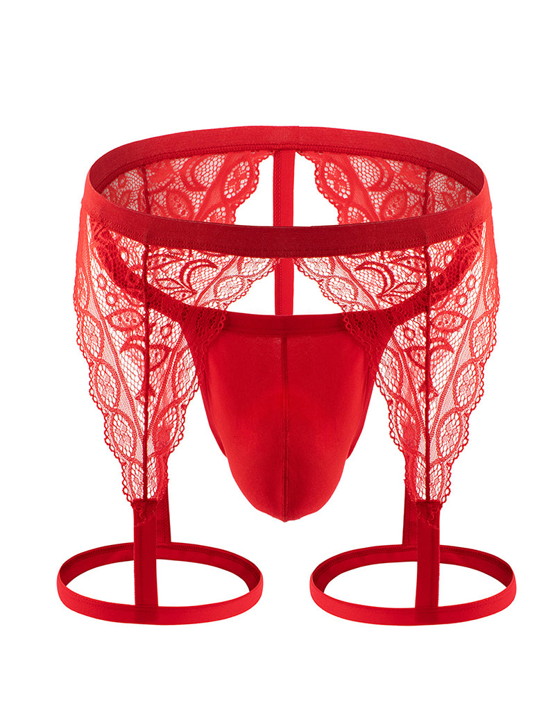 Men Lace G-String Thong with Leg Harness - Red