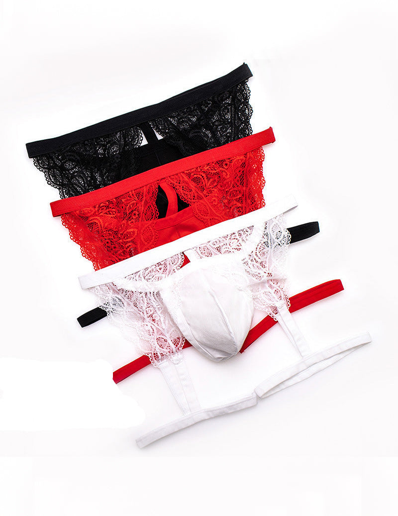 Men Lace G-String Thong with Leg Harness - Red
