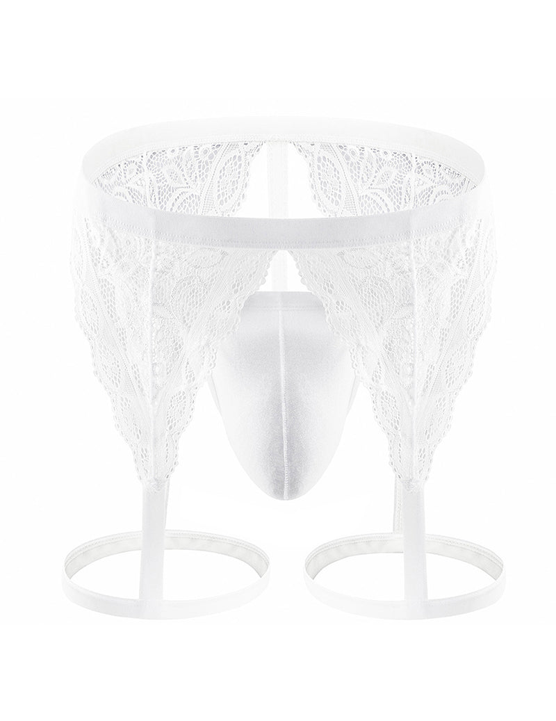 Men Lace G-String Thong with Leg Harness - White