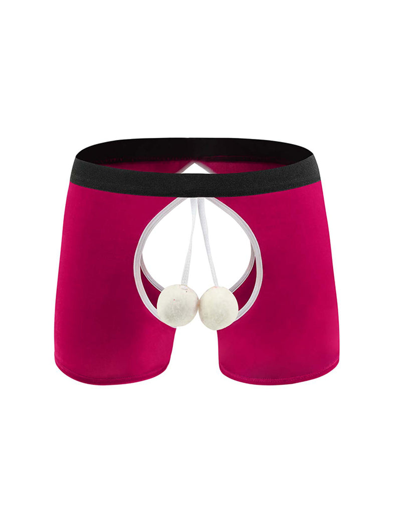 Men Christmas Ball Print Open Crotch Boxers - Rose Red