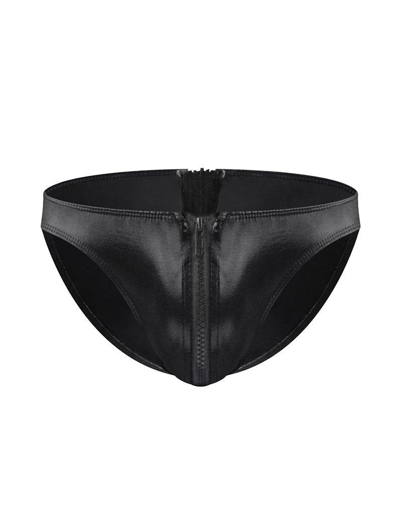 Men Faux Leather Double Zipper Briefs - Black