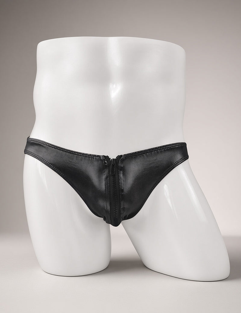 Men Faux Leather Double Zipper Briefs - Black