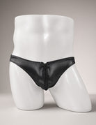 Men Faux Leather Double Zipper Briefs - Black
