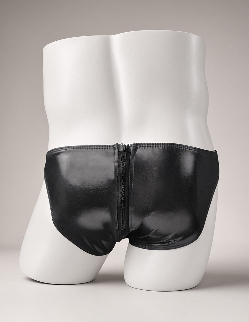 Men Faux Leather Double Zipper Briefs - Black