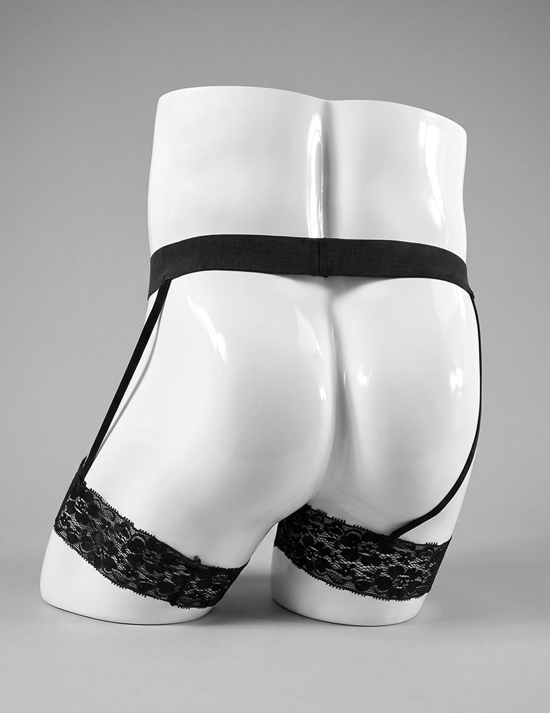 Men Lace Garter Strap Thong - Black