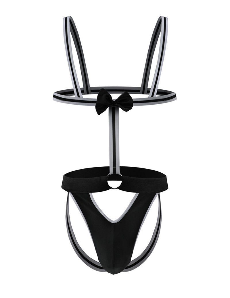 Men Wide Band Jockstrap Bodysuit - Black