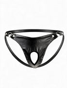 Men Faux Leather Zipper String Thong - Black