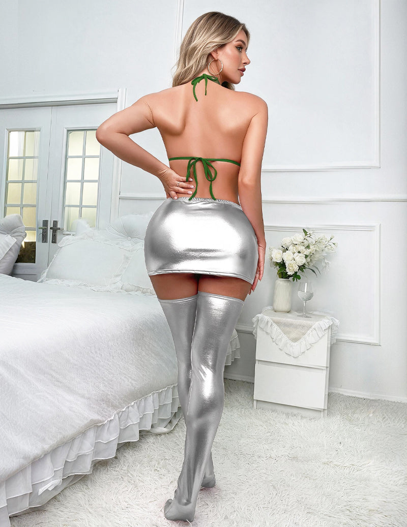 Metallic Shiny PU Crop Top Skirt and Socks Set - Green Silver