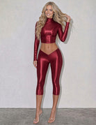Mock Neck Crop Top and Capri Pants Set - Red