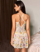Yellow floral embroidered mesh cami nightgown with crisscross back straps