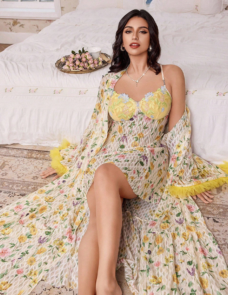 Floral print kimono robe in yellow with feather-trimmed sleeves and open front