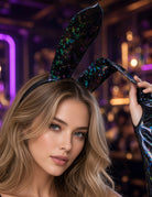 Holographic black metallic headband with tall bow, glittery finish