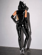 Black glossy hooded zip-front catsuit, three-quarter view with arms to sides