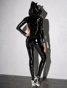 Black PU leather hooded catsuit bodysuit with long sleeves and open crotch front