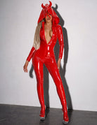 Red PU leather hooded catsuit bodysuit with long sleeves and open crotch cut
