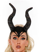 Black glossy PU leather horn headband with curved horns, costume headpiece