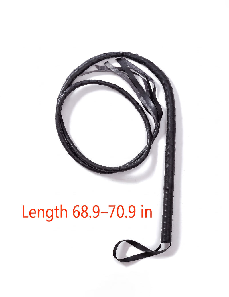 Black faux leather crop whip accessory with braided handle and coiled strap