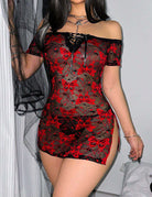 Red and black lace babydoll nightgown, off-shoulder neckline with bow embroidery