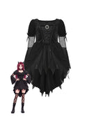Black gothic witch dress with corset lacing, mesh puff sleeves, layered asymmetrical hem