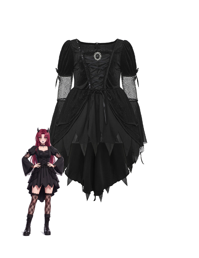 Black gothic witch dress with corset lacing, mesh puff sleeves, layered asymmetrical hem