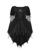 Black gothic witch costume dress with corset bodice, mesh sleeves, tiered triangular skirt