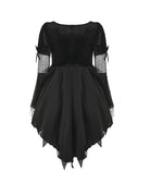 Black gothic witch dress with corset back, short mesh puff sleeves, layered triangular hem
