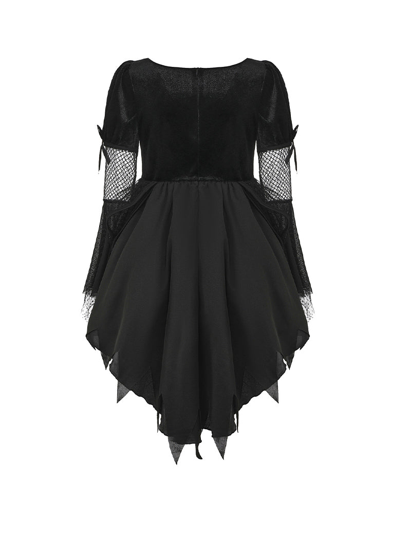 Black gothic witch dress with corset back, short mesh puff sleeves, layered triangular hem