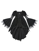 Black gothic witch dress with off-shoulder mesh, corset lacing, flared layered skirt