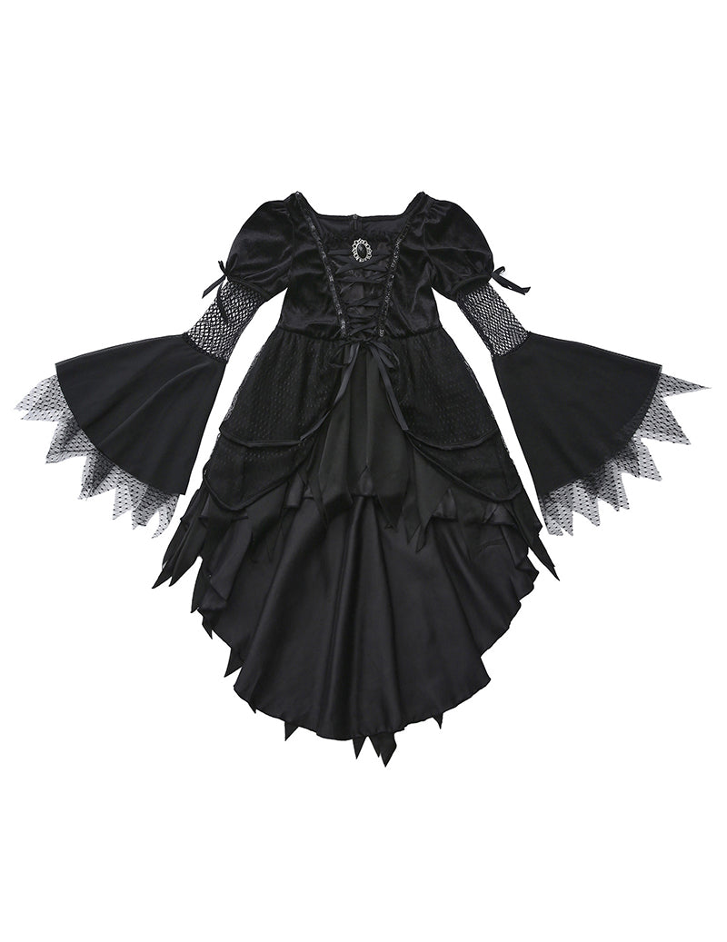 Black gothic witch dress with off-shoulder mesh, corset lacing, flared layered skirt