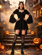 Black gothic witch dress with corset lacing, mesh puff sleeves, layered skirt, black boots