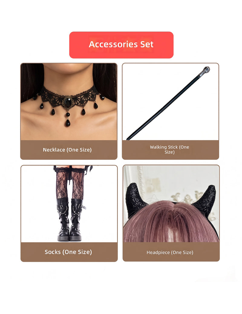 Black gothic 4-piece accessory set: choker necklace, walking stick, socks, cat-ear headpiece