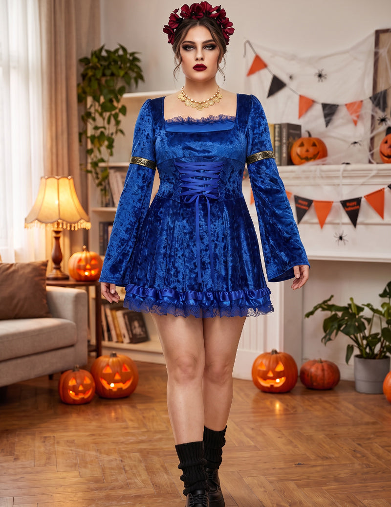 Blue gothic lace long-sleeve mini dress with lace-up bodice and flounced skirt