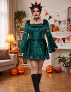 Teal gothic lace long-sleeve mini dress with lace-up bodice and ruffled hem