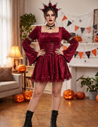 Red gothic lace long-sleeve mini dress with lace-up front and velvet-like puff sleeves