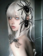 Black spider hair clips on white long hair, two spiders gothic headpiece