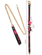 Red bat-wing choker and leash with gold chain, 45cm length shown