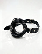 Black PU leather ring gag choker with adjustable buckle and metal studs
